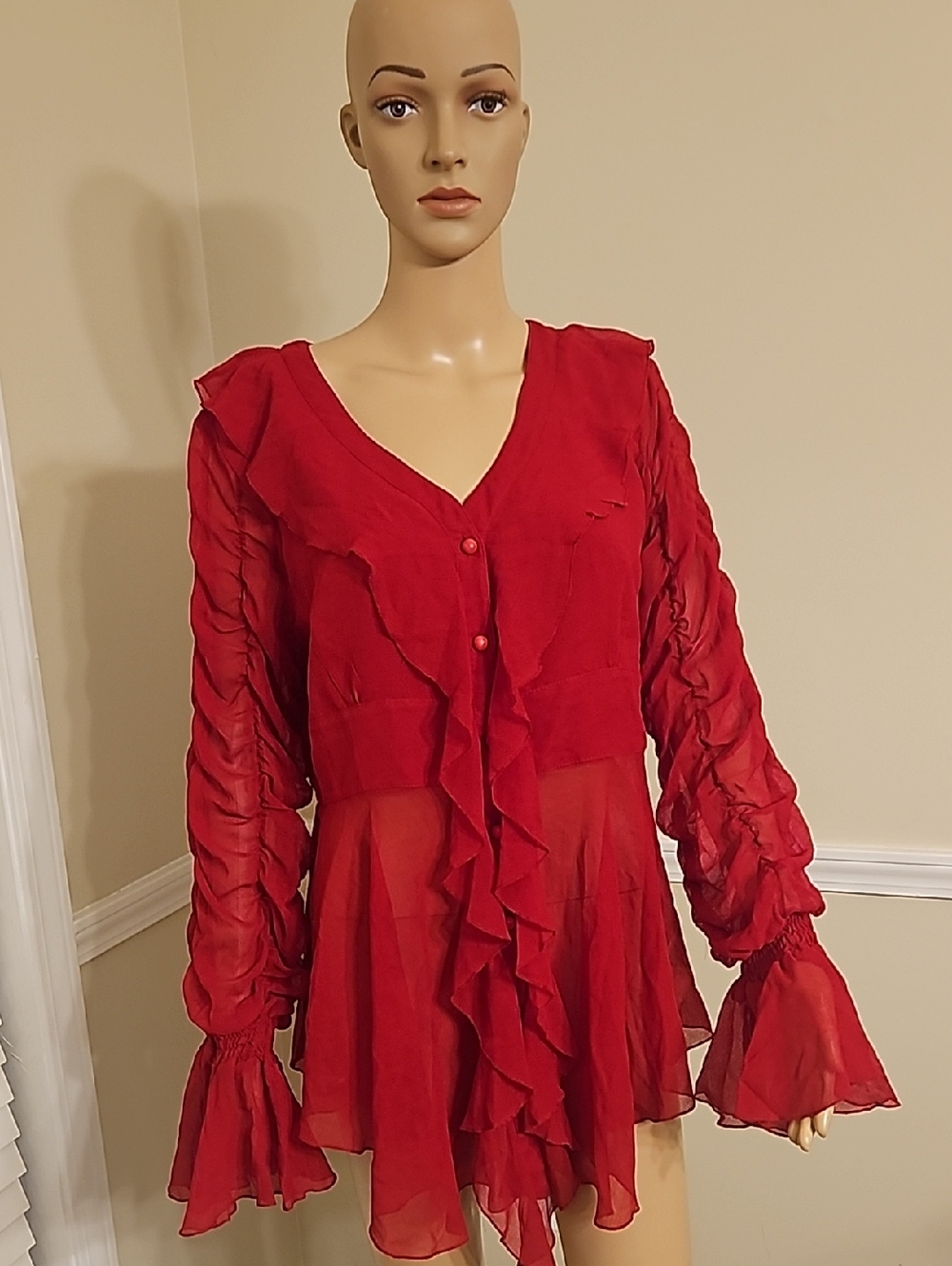 Red Ruffled Sheer Blouse